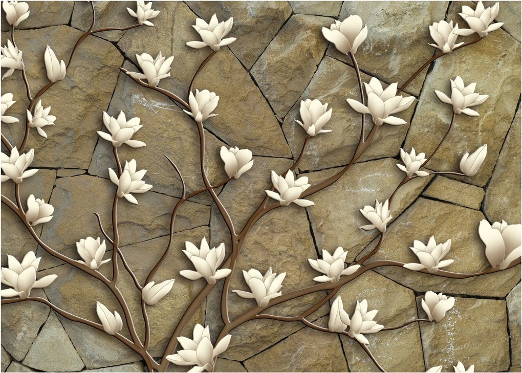 Tablou pe sticlă - Magnolii albe pe zidărie de piatră (70x50 cm)