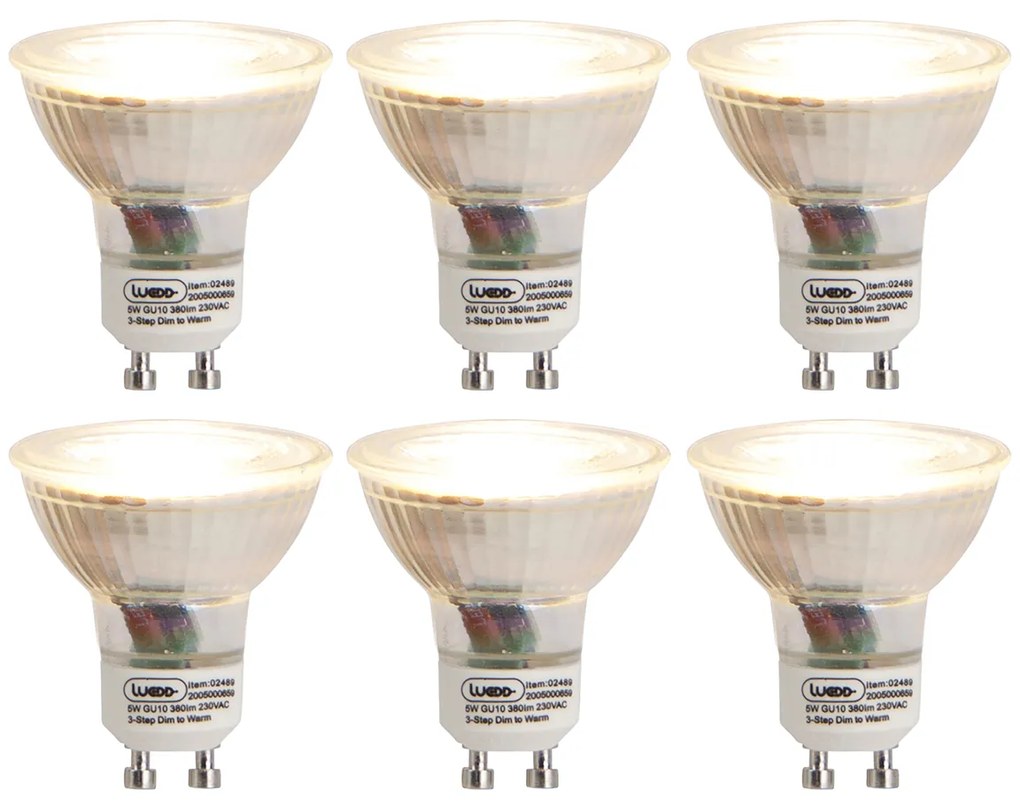 Set de 6 becuri LED cu 3 trepte de intensitate, cu lumina calda, GU10 5W 380lm 2000-2700K