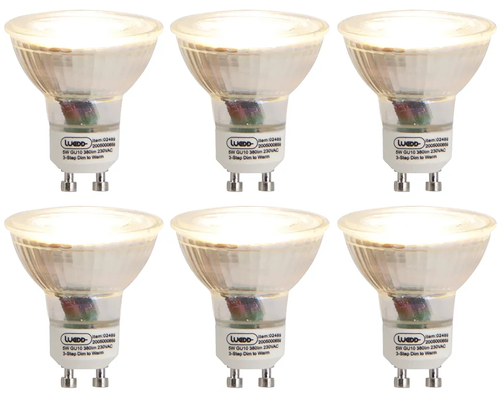 Set de 6 becuri LED cu 3 trepte de intensitate, cu lumina calda, GU10 5W 380lm 2000-2700K