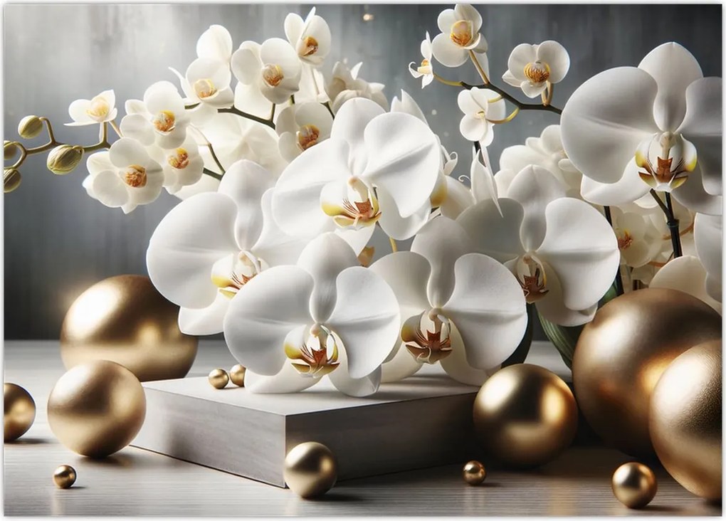 Tablou pe sticlă - Orhidee și bile aurii (70x50 cm)