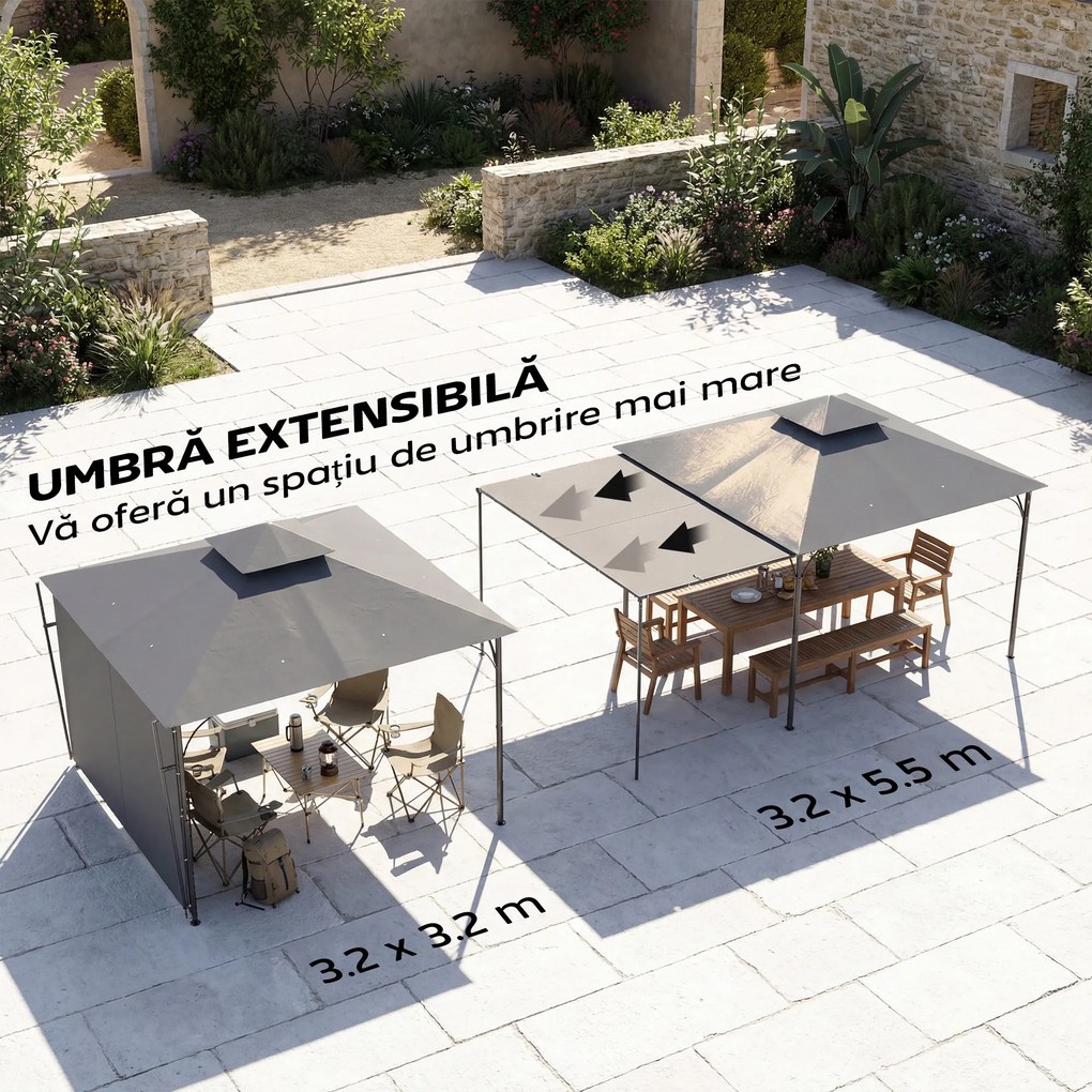Outsunny Foișor de Grădină 3.2x3.2 m cu Acoperiș Extensibil, Foișor de Exterior cu Acoperiș Dublu Ventilat, Găuri de Drenaj, Cadru Metalic, pentru Grădină, Balcon, Petreceri, Terasă, UV30+, Gri Închis | Aosom Romania