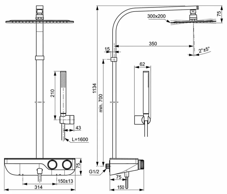 Coloana de dus cu baterie termostatata si etajera Ideal Ceratherm S200 crom lucios