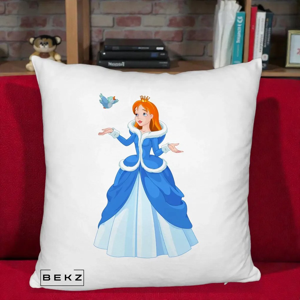 Perna Personalizata Printesa Albastra cu Pasare, 40x40 cm, Alb Pufos, Husa Detasabila, Perna Inclusa, BEKZ®