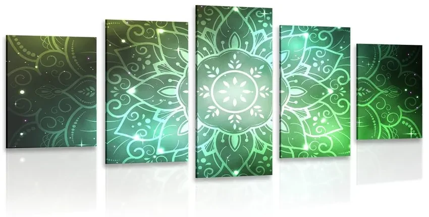 Tablou 5-piese Mandala cu un fundal galactic în nuanțe de verde