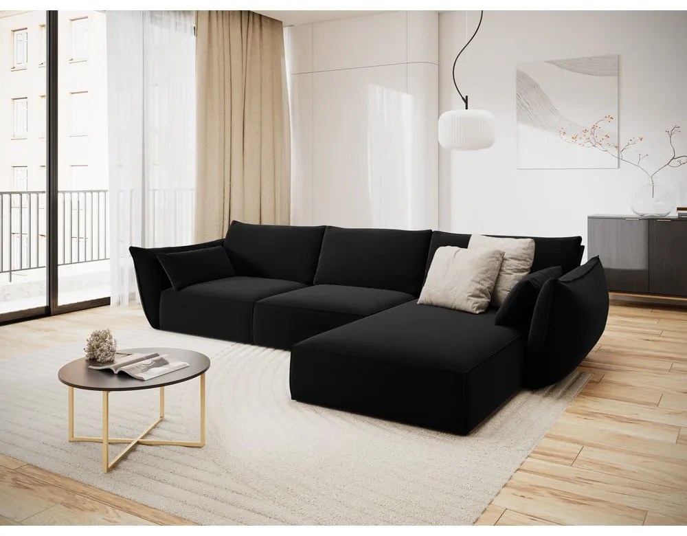 Colțar negru cu tapițerie din catifea (cu colț pe partea dreaptă, cu șezlong) Vanda – Mazzini Sofas