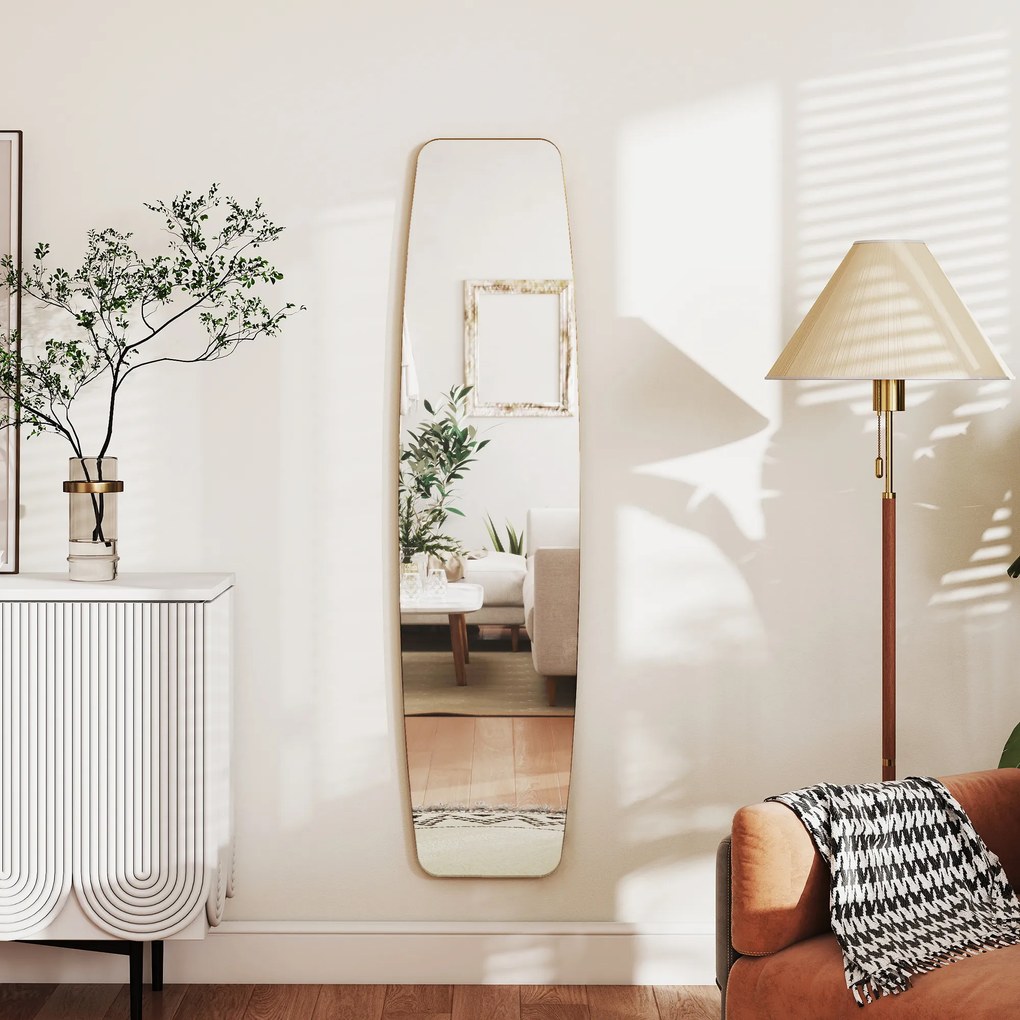 HOMCOM Oglindă mare de perete ovală 160 x 40 cm, oglindă suspendată modernă, cadru din metal și lemn, gata de agățat, auriu | Aosom Romania