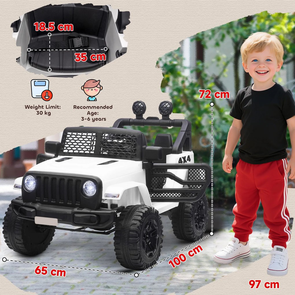 HOMCOM Masina Electrica pentru Copii Jeep Off-Road cu Telecomanda, 2 Viteze 3-5km/h, 100x65x72 cm, Alb | Aosom Romania