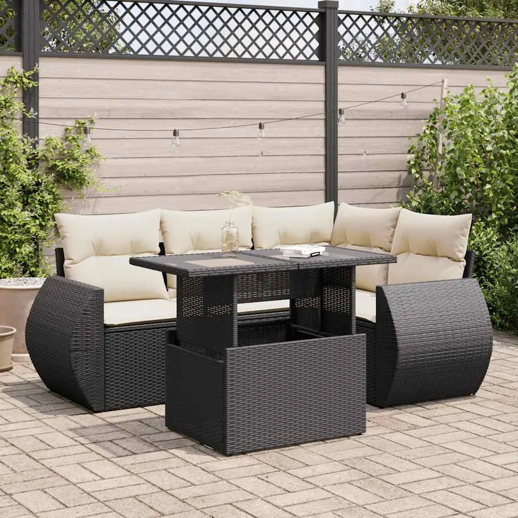 3326627 vidaXL Set mobilier de grădină cu perne, 5 piese, negru, poliratan