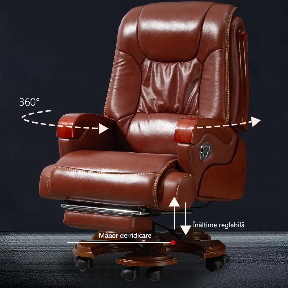 EXECUTIVE SIGNATURE 8033 – Scaun directorial din piele naturala si lemn masiv, Masaj in 9 puncte si Incalzire, rezistent 150 kg, Maro