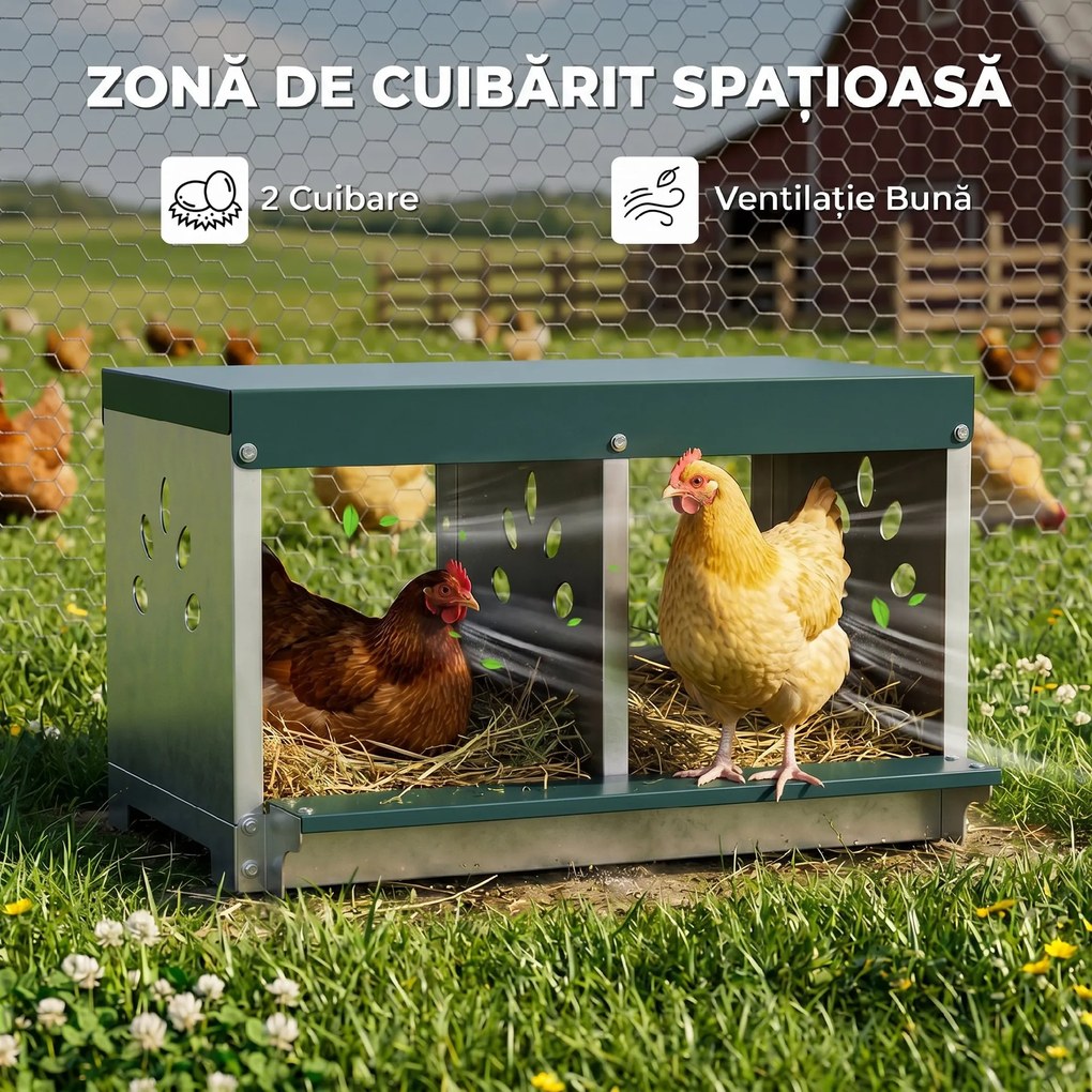 PawHut Cuib pentru Găini Ouătoare din Oțel cu 2 Compartimente, Bază Ridicată, Acoperiș și Orificii de Ventilare, Argintiu | Aosom Romania
