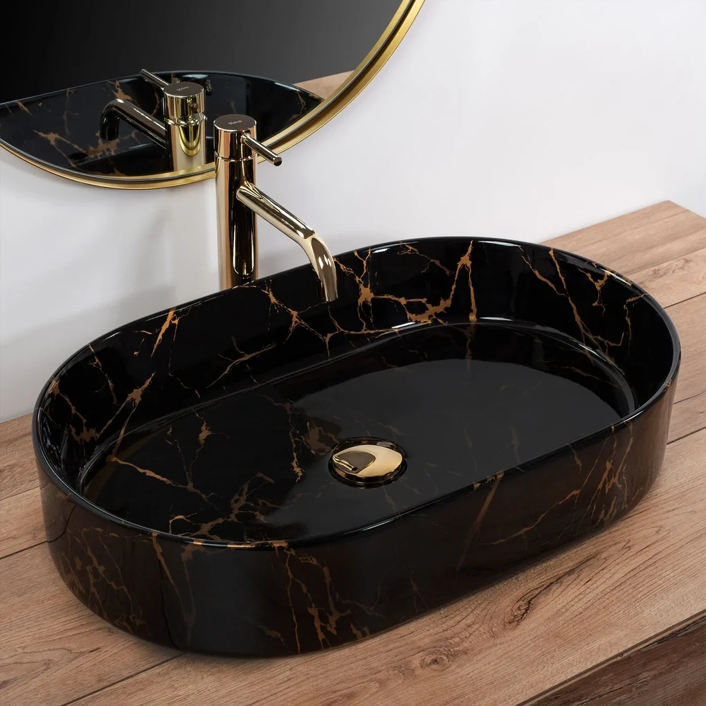 Lavoar ceramic pentru blat Rea Nadia Black Marble Shiny | BIANO