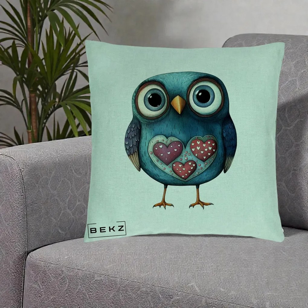 Perna Decorativa Bufnita Teal cu Doua Inimi, 40x40 cm, Verde Menta, Husa Detasabila, Perna Inclusa, BEKZ®