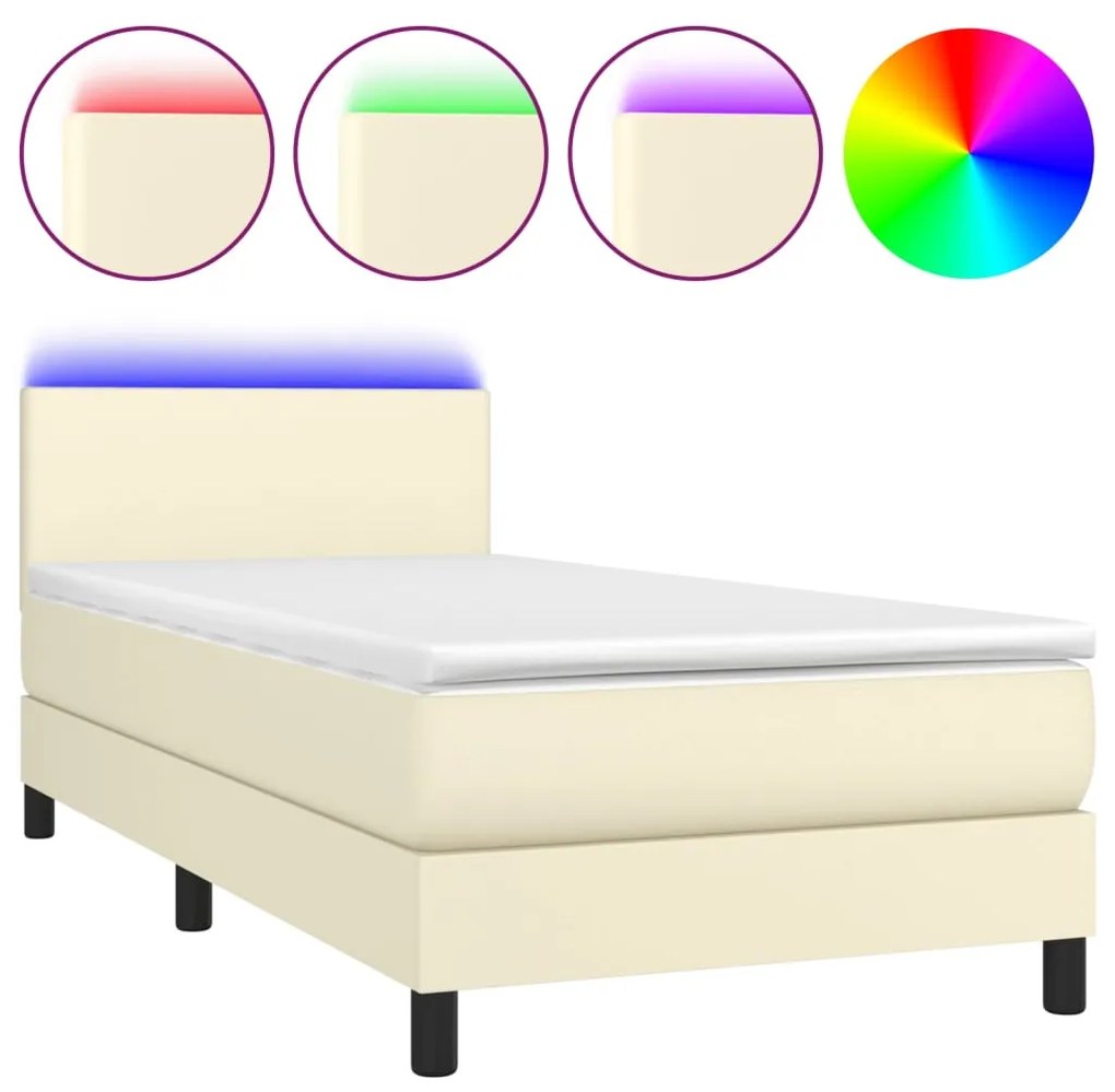 3134071 vidaXL Pat continental cu saltea și LED, crem, 80x200 cm, piele eco