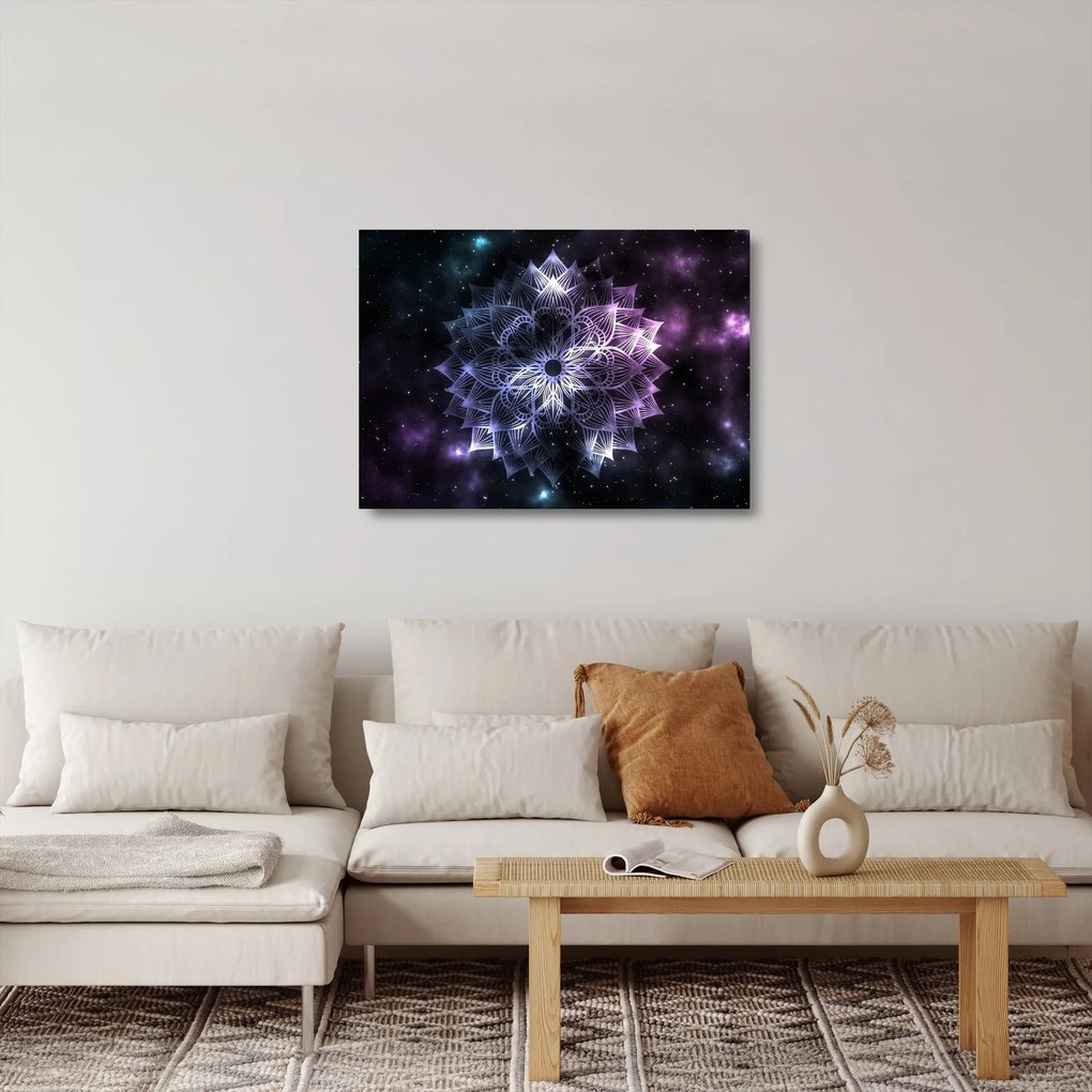Tablou pe sticlă - Mandala Lotus în spațiu (70x50 cm)