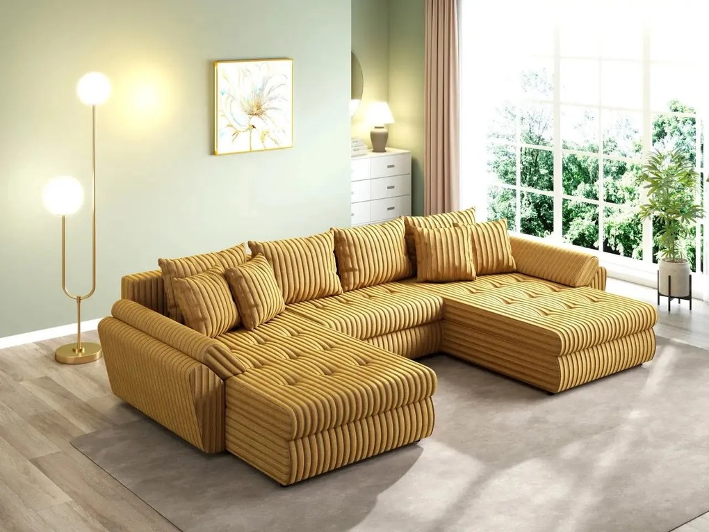 Colțar extensibil dumonde cu ladă de depozitare si sezut confortabil din spuma high-density, Loana U Ambience Mustar 355x185 cm