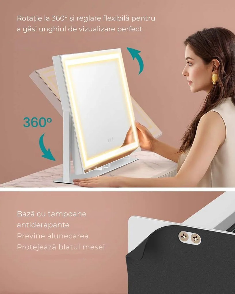 Oglindă cosmetică DAHLIA cu iluminare LED, 10x62,5x45,8 cm, alb SongmicsHome