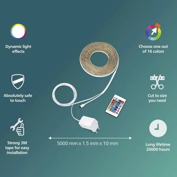Philips - Bandă LED RGB reglabilă 5 m, 12 W, 230 V + telecomandă