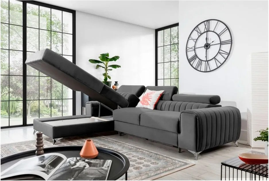 Colțar gri închis extensibil/cu spațiu de depozitare cu tapițerie din catifea (cu colț pe partea stângă/cu șezlong) Grayson – ELTAP