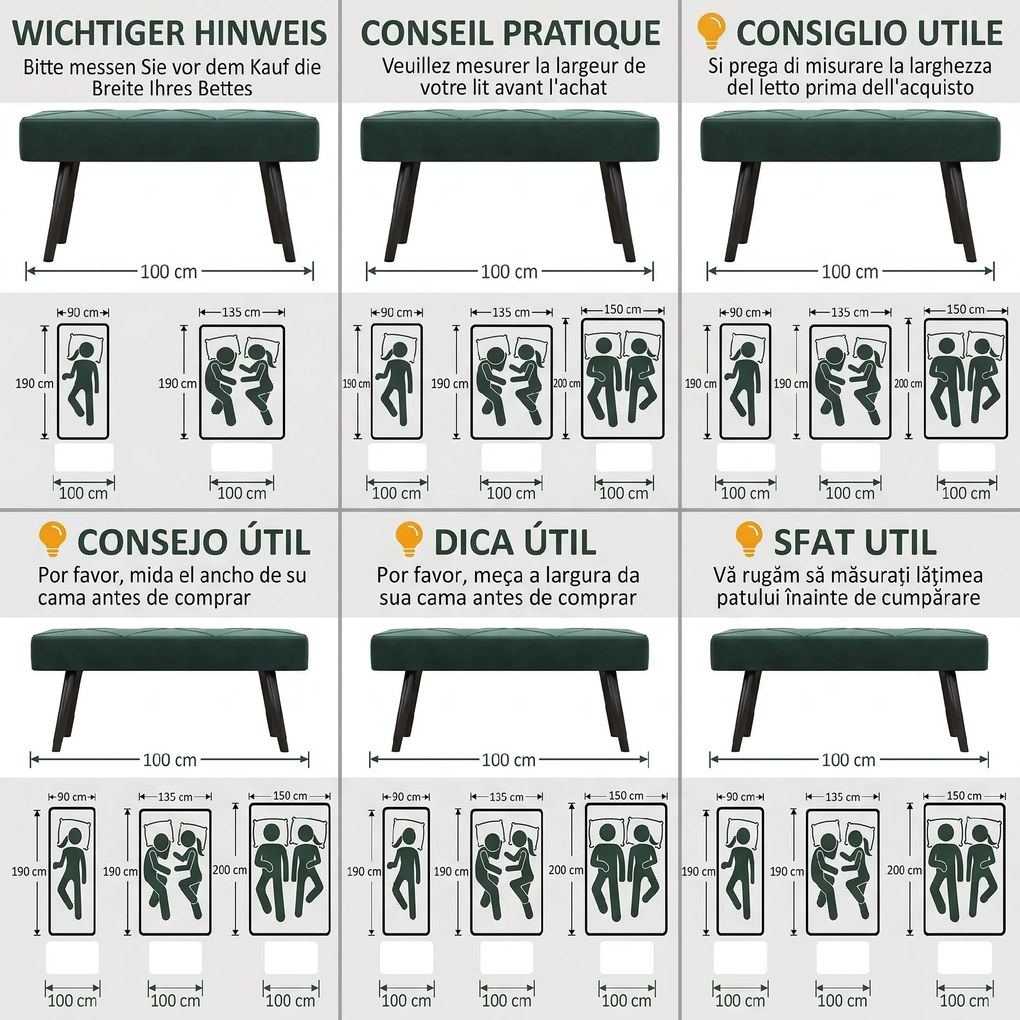 HOMCOM Bancă pentru Capătul Patului, Bancă cu Picioare din Oțel și Țesătură cu Efect de Catifea, 100x36x45 cm, Verde | Aosom Romania