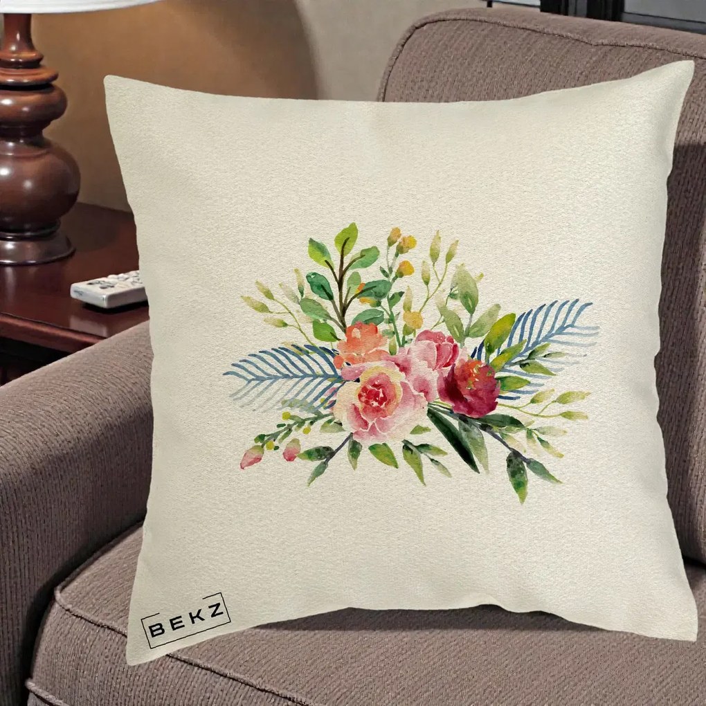 Perna Decorativa Buchet Flori Acuarela Roz-Verde, 40x40 cm, Ecru, Husa Detasabila, Perna Inclusa, BEKZ®