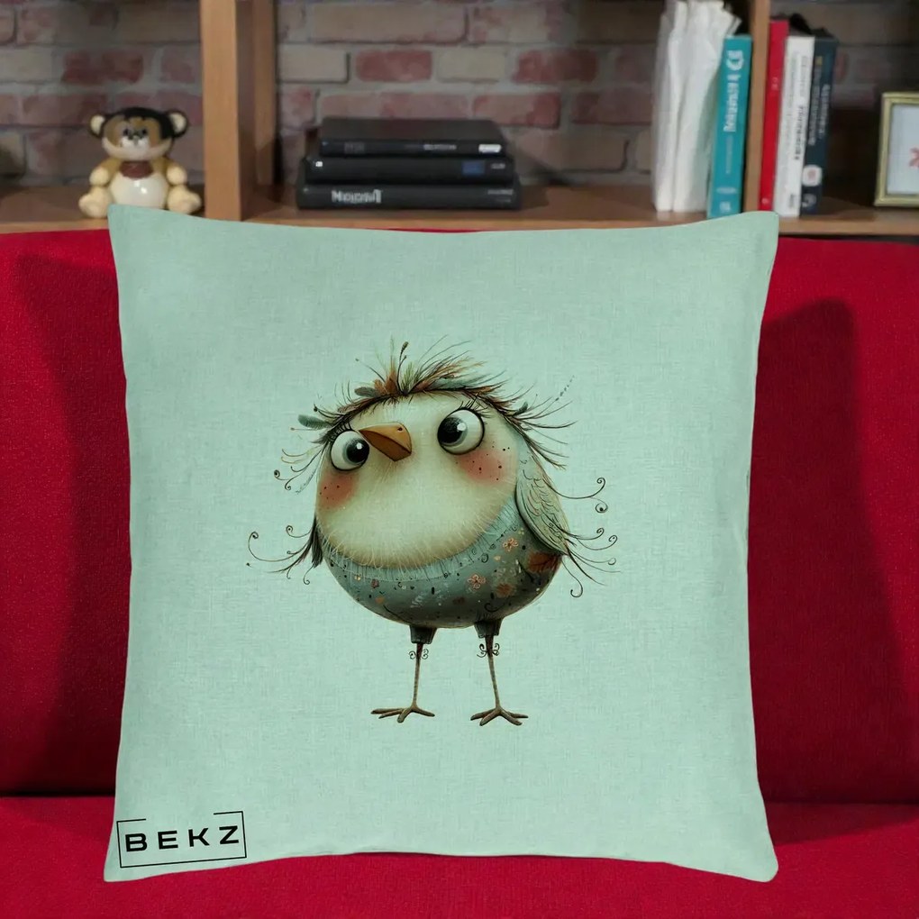 Perna Decorativa Pasare cu Penaj Zbarlit si Gene, 40x40 cm, Verde Menta, Husa Detasabila, Perna Inclusa, BEKZ®