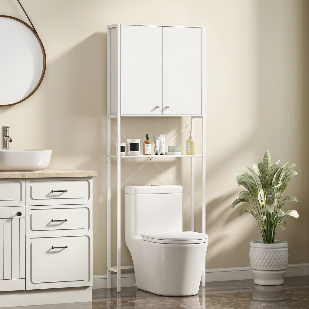 Mobilier HOMCOM pentru Baie Deasupra WC-ului cu Dulap și Raft Deschis, Mobilier Salvaspazio cu Picioare din Metal pentru Baie și Spălătorie, 64x20x180 cm, Alb | Aosom Romania
