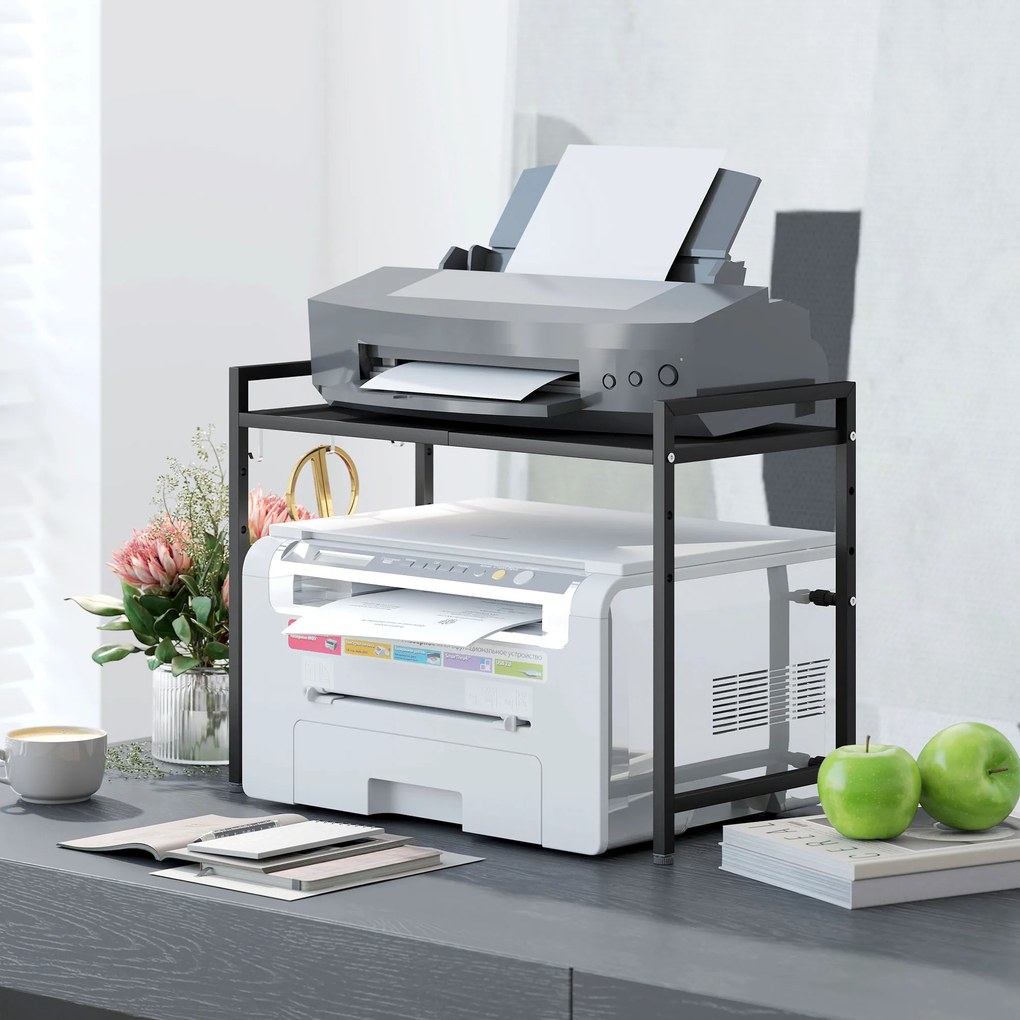 HOMCOM Suport extensibil pentru cuptor cu microunde pe 2 niveluri cu 3 cârlige, din metal, negru | Aosom Romania