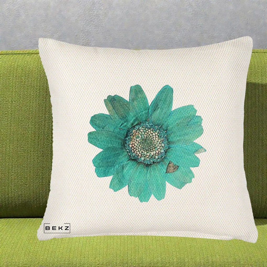 Perna Decorativa Floare Gerbera Teal Acuarela, 40x40 cm, Crem Reliefat, Husa Detasabila, Perna Inclusa, BEKZ®