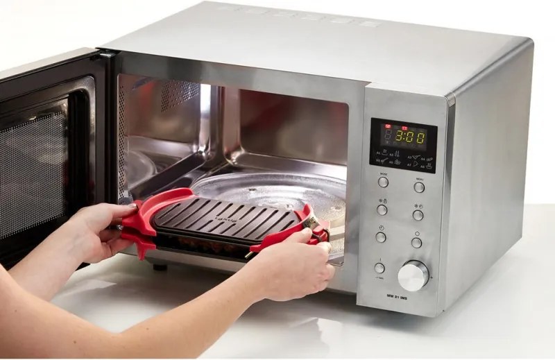 Grill pentru cuptorul cu microunde Lekue 1009082, 27x20,7,8x4,4 cm, Silicon platinat, Otel cu strat antiaderent, 0 / +240 °C, Rosu