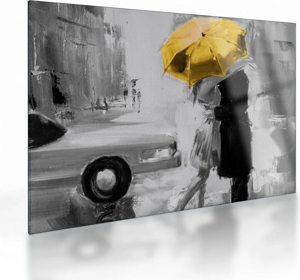 Tablou pe sticlă - Cuplu în dragoste sub o umbrelă, galben (70x50 cm)