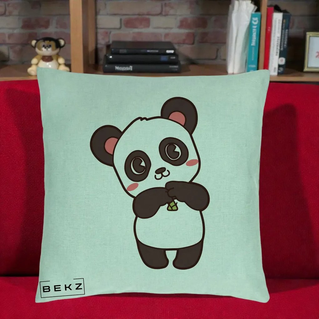 Perna Personalizata Panda Kawaii cu Bambus, 40x40 cm, Verde Menta, Husa Detasabila, Perna Inclusa, BEKZ®