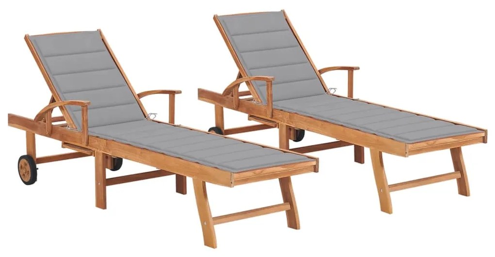 vidaXL Șezlonguri cu pernă gri, 2 buc, lemn masiv de tec