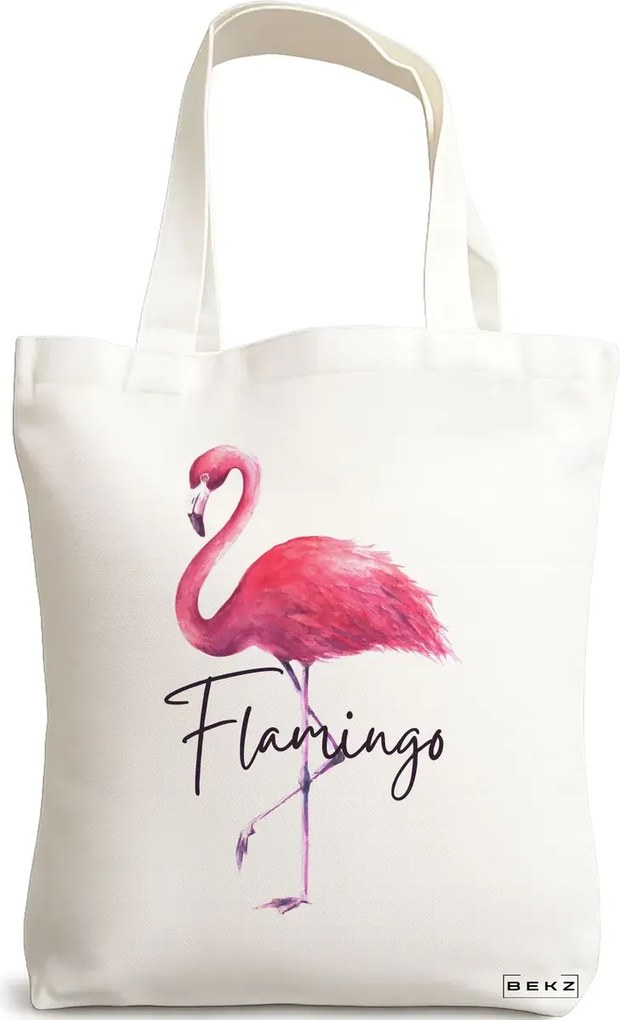 Sacosa de Panza pentru Cumparaturi, Geanta Tote, model Flamingo, 38x34.5 cm, Alba, BEKZ®