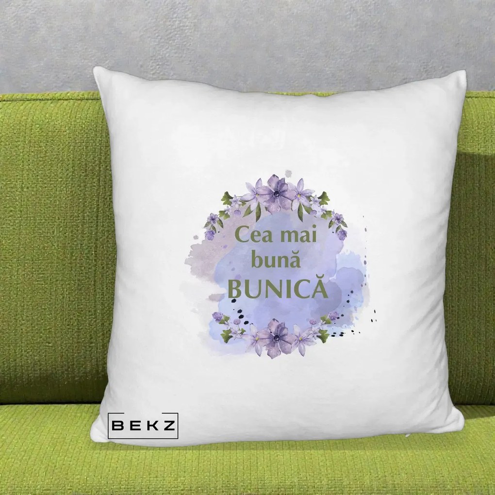 Cadou pentru Bunica - Perna Personalizata Cea Mai Buna Bunica Flori Mov Acuarela Auriu, 40x40 cm, Alb Pufos, Husa Detasabila, Perna Inclusa, BEKZ®