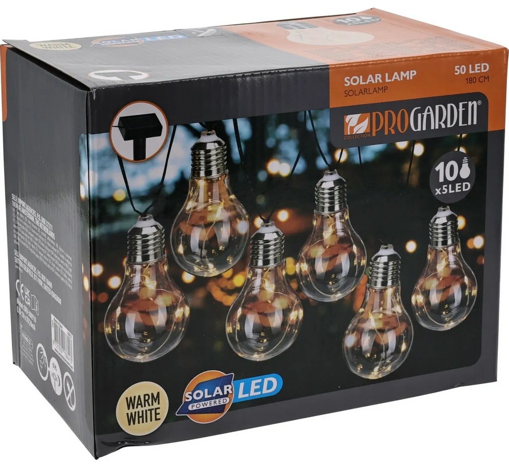 Lanț solar ProGarden  becuri transparente, 2 m, 10 x 5 LED-uri, alb cald