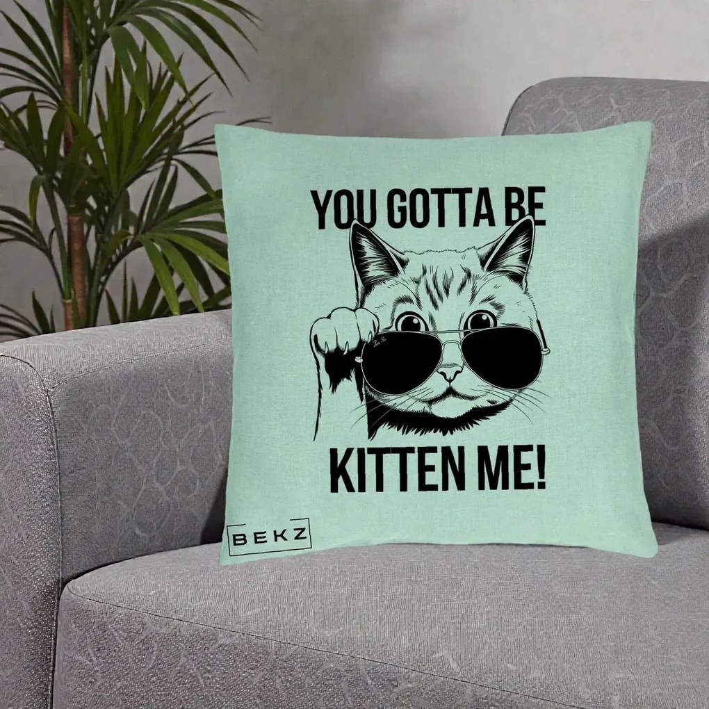 Perna Decorativa You Gotta Be Kitten Me!, 40x40 cm, Verde Menta, Husa Detasabila, Perna Inclusa, BEKZ®