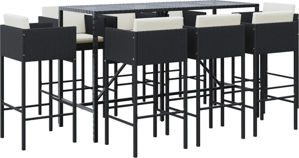 vidaXL Set mobilier bar de grădină cu perne, 9 piese, negru, poliratan