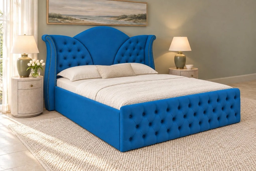 Pat tapițat Chesterfield din catifea Velora 180×200 cm, albastru, cu ladă de depozitare