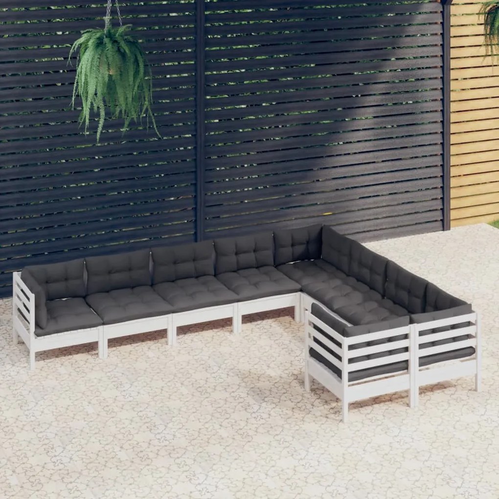 vidaXL Set mobilier de grădină cu perne, 9 piese, alb, lemn de pin