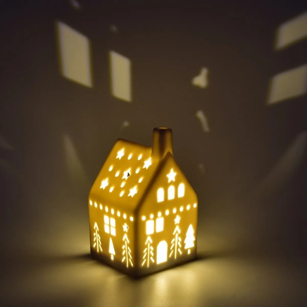 Decorațiune din porțelan cu LED Căsuță, 7,4 x 13 x 7,4 cm