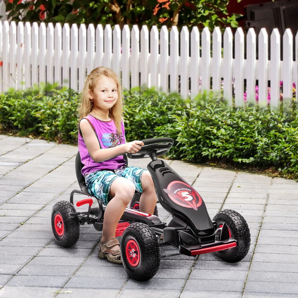 HOMCOM Go Kart pentru Copii 5-12 Ani, cu Pedale, Scaun Ajustabil și Cauciucuri Gonflabile, Frână de Mână și Amortizare Socuri Roșu | Aosom România
