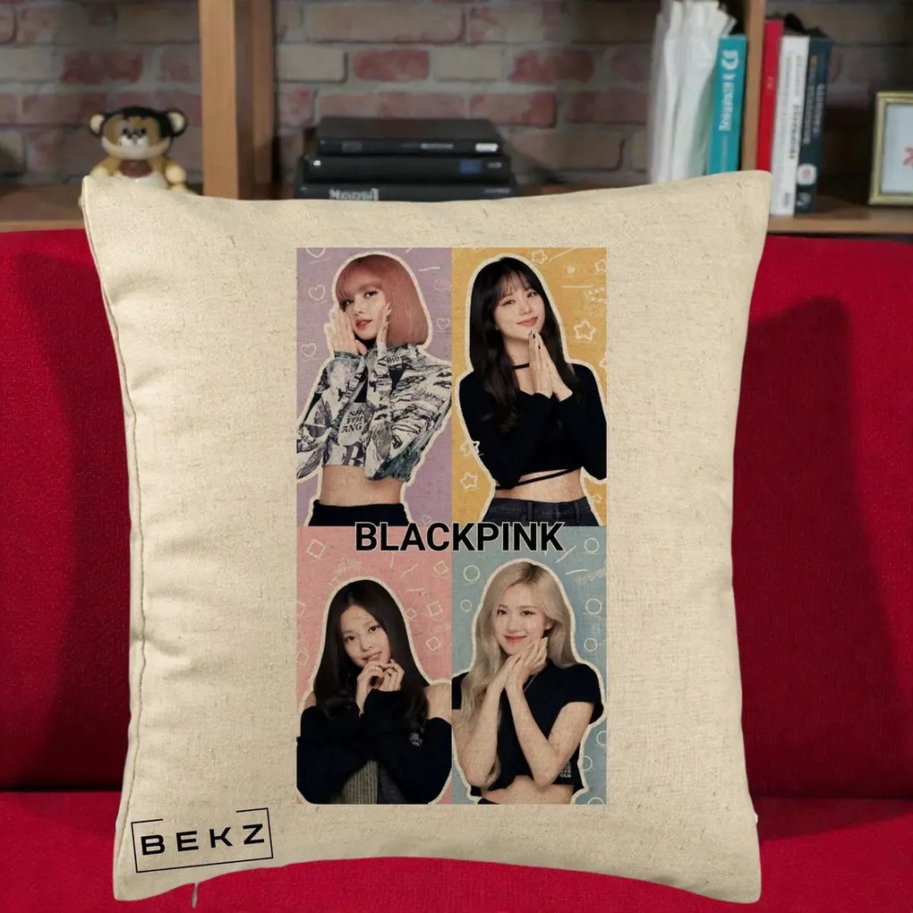 Perna Personalizata K-pop BLACKPINK Negru, 40x40 cm, Bej, Husa Detasabila, Perna Inclusa, BEKZ®