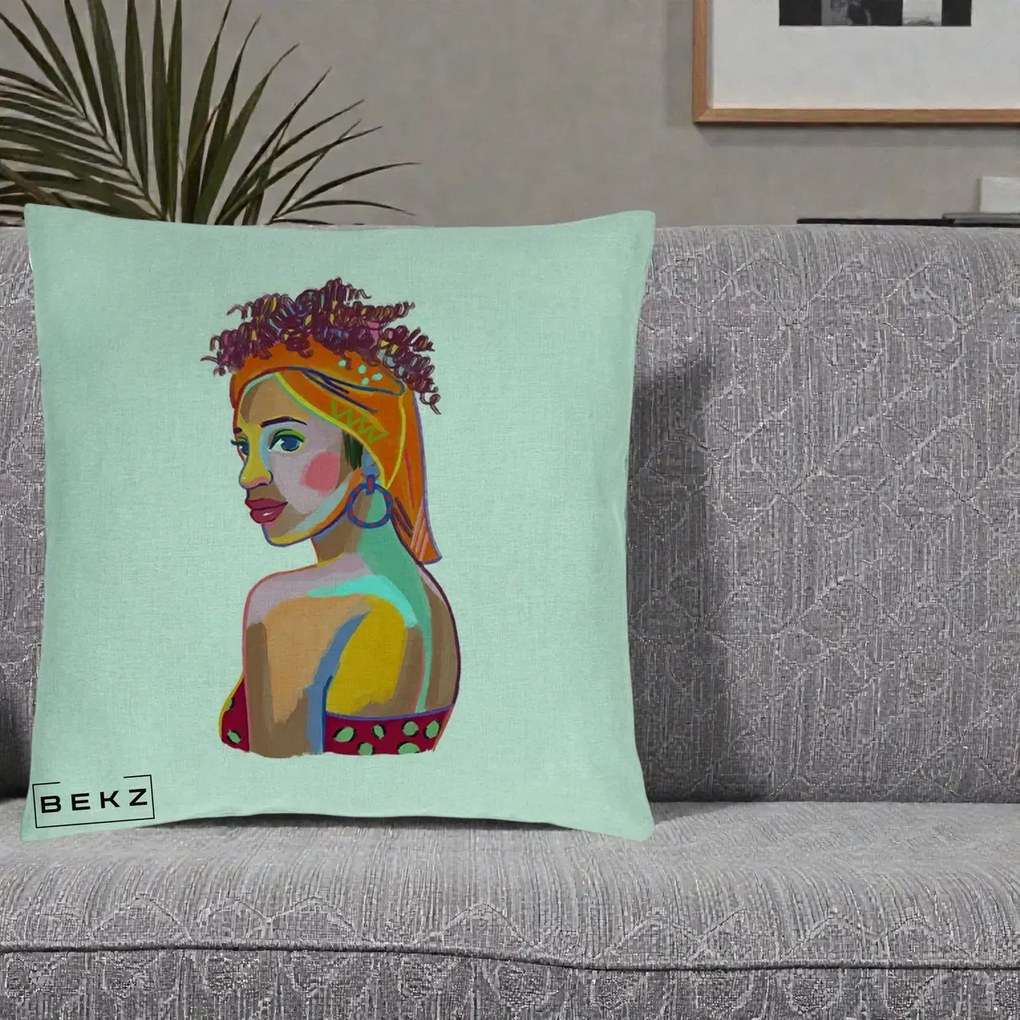 Perna decorativa Portret Femeie Colorat Pop Art, 40x40 cm cu Umplutura, Verde Menta, BEKZ