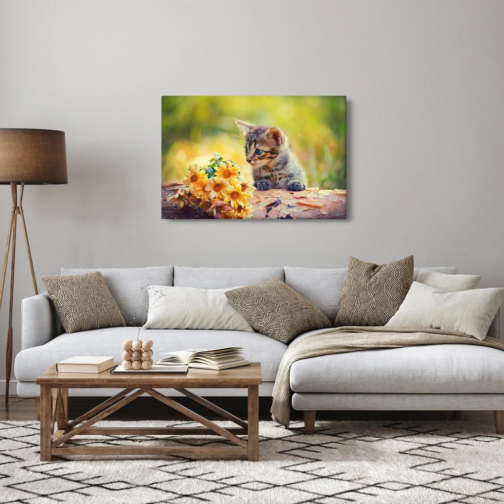 Tablou cu pisicuța uitându-se la floare (90x60 cm)