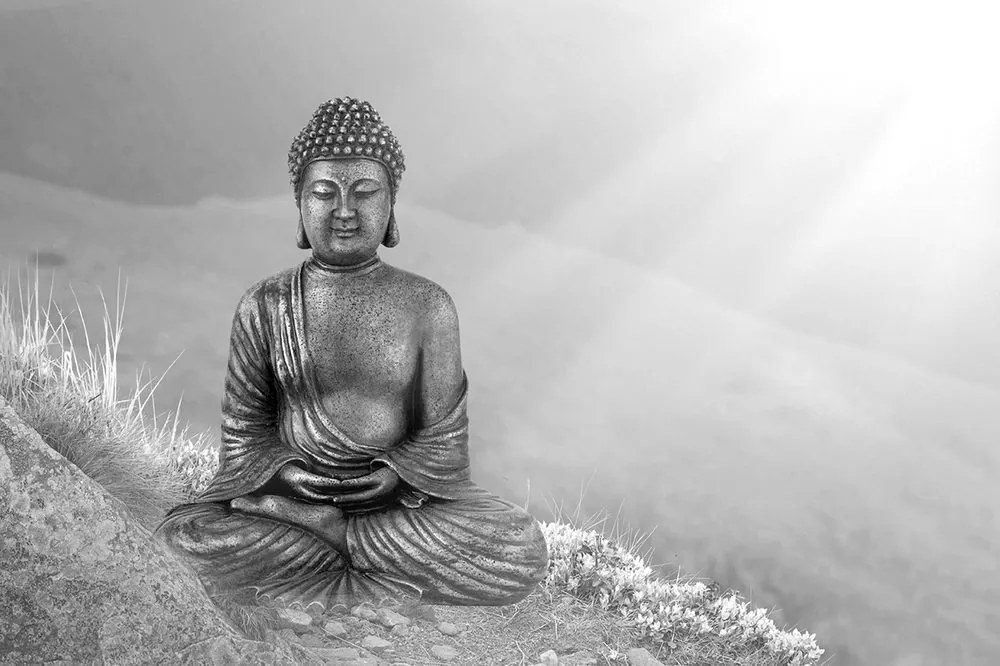 Tapet Buddha alb-negru în poziție meditativă