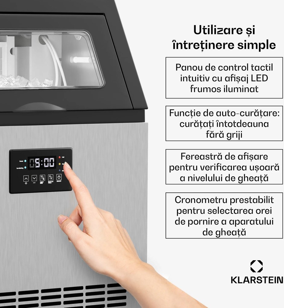 Klarstein Mașină de gheață industrială Glacial, 45 kg, cu afișaj LED și fereastră.