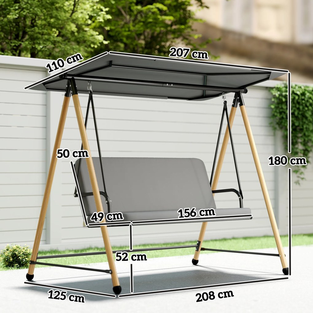 Outsunny Balansoar de Grădină cu 3 Locuri, cu Copertină Reglabilă Impermeabilă și Pernă Detașabilă, Capacitate Maximă 360 kg, 208 x 125 x 180 cm, Gri | Aosom Romania