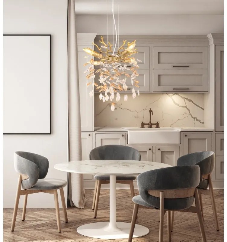 Candelabru metal auriu mat, cristale de sticla QUEENA