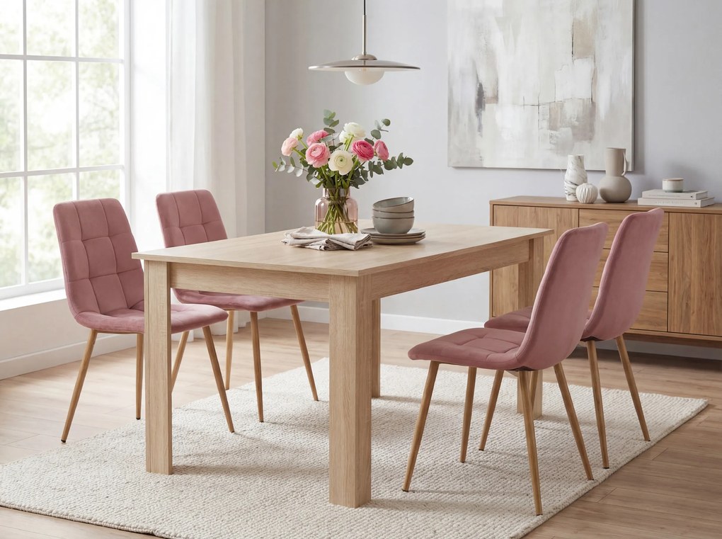 Set de masa 1 + 4, masa UMEKO 120x80 cm stejar sonoma + scaun de catifea roz KARA