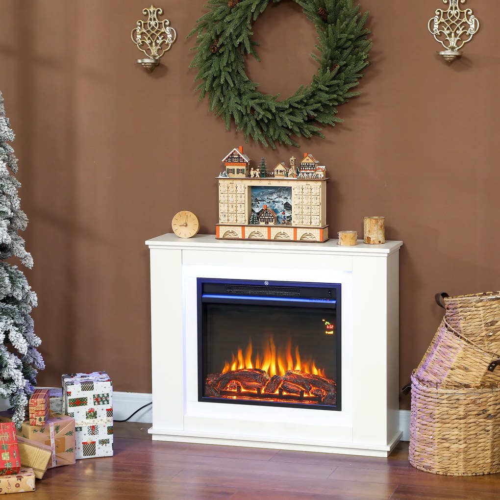 HOMCOM Șemineu Electric cu Flacără în 12 Culori și 5 Niveluri de Luminozitate, Telecomandă și Timer, 98x25x80 cm, Alb și Negru | Aosom Romania